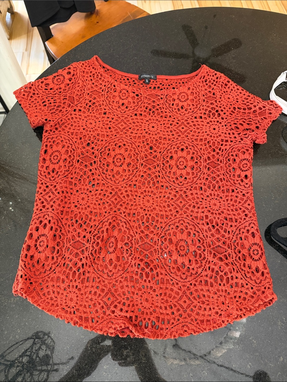 Coral-Red Crochet Floral Short Sleeve Top Dynamite